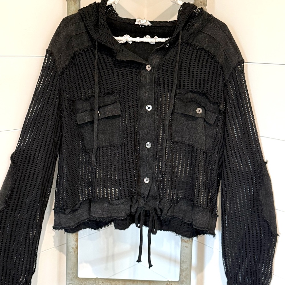 POL : Black Mesh Button-Up Hoodie with drawstring waist.